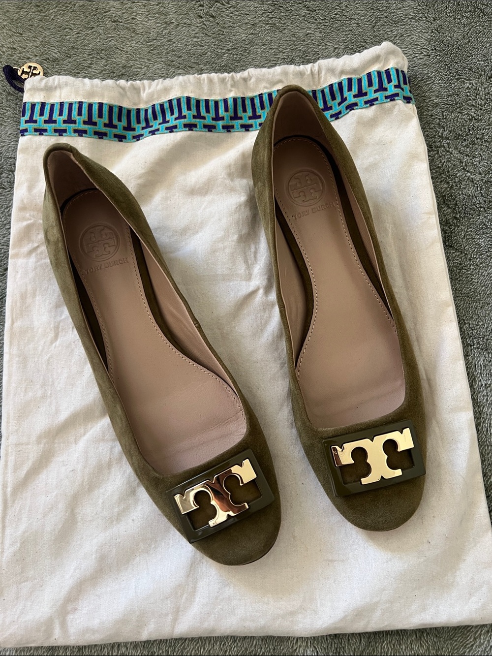 Tory Burch Olive Suede Logo Ballet Flats